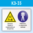 Знак «Опасно - едкие и коррозийные вещества. Работать в защитной одежде», КЗ-35 (пластик, 600х400 мм)